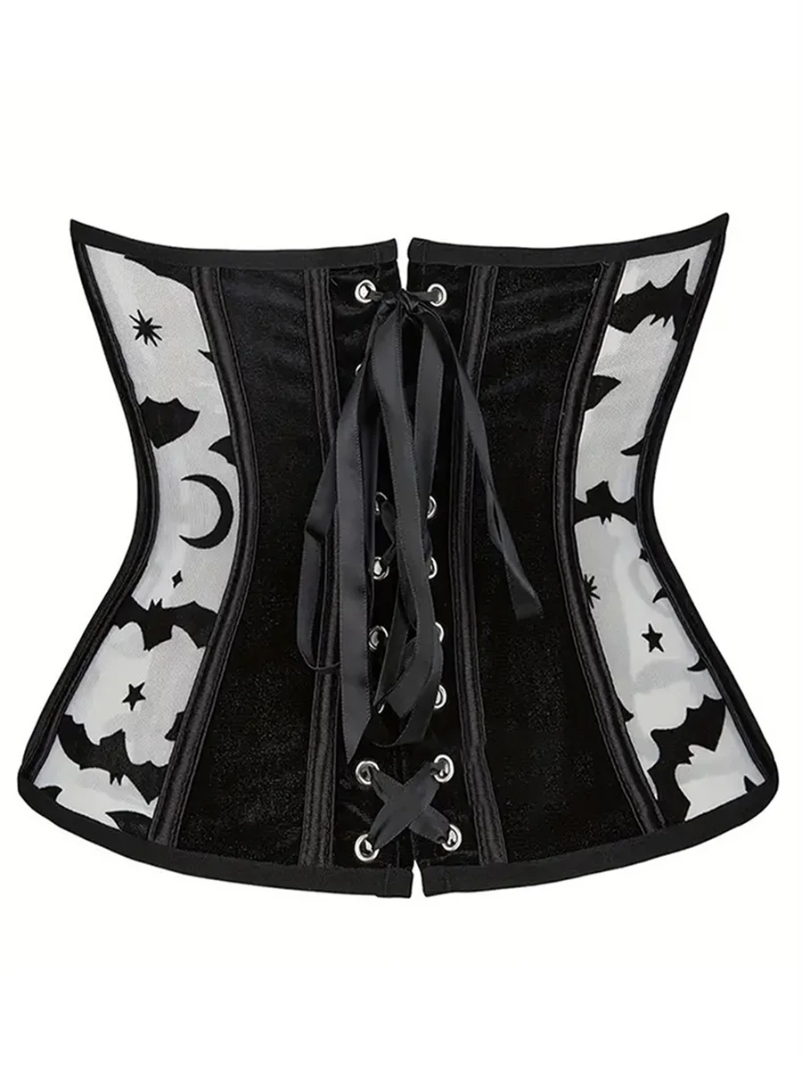 Saco de impressão de morcego Halloween para mulheres, underbust espartilho tops, shapewear, tie up cincher, cintura para vestido, streetwear