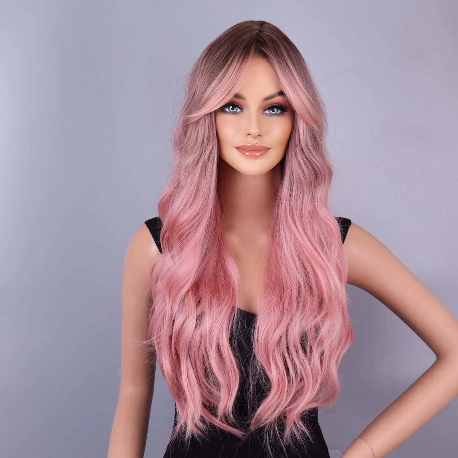 Natural fashion synthetic wig, European and American slanted bangs long roll wig