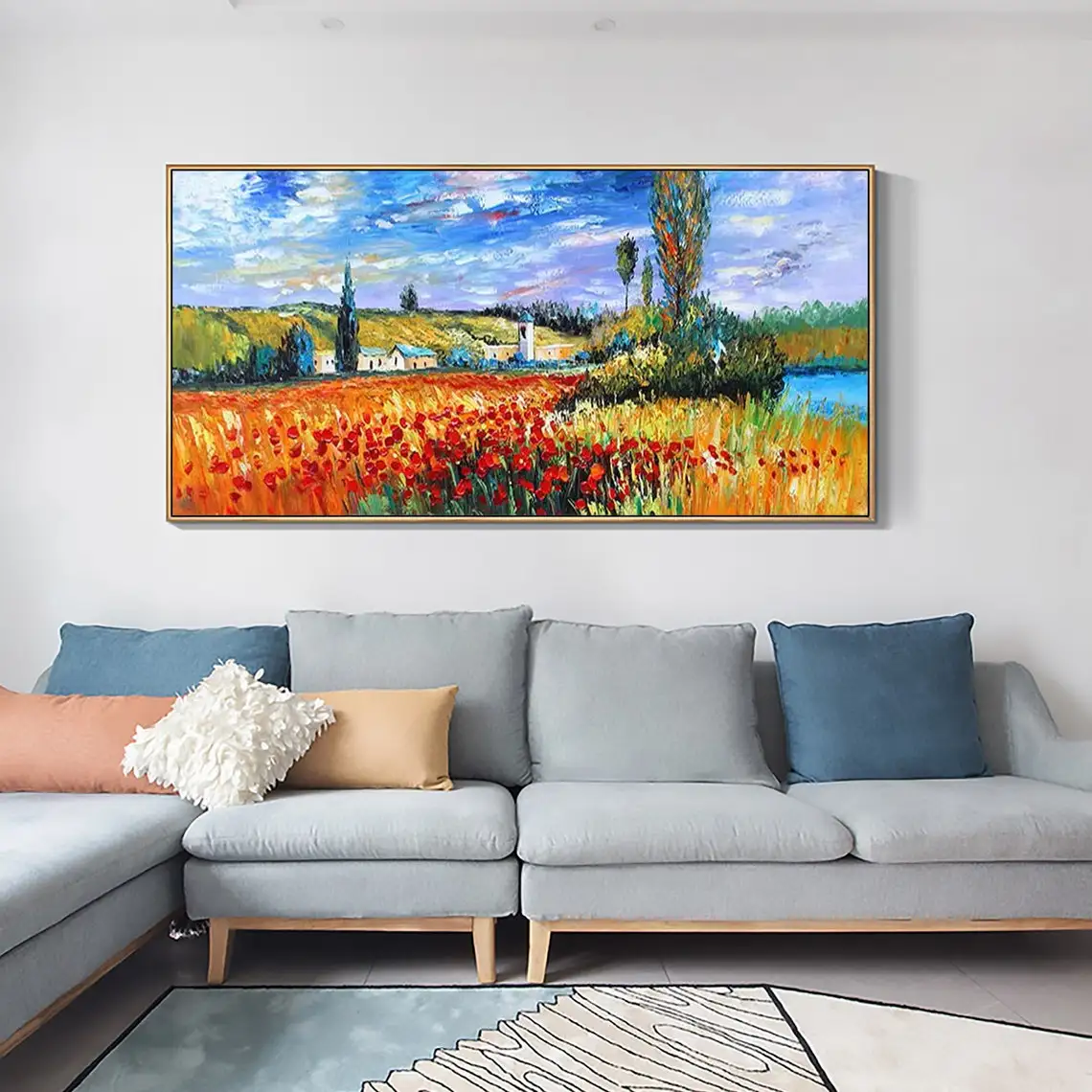 Abstract Field Landscape Hand Painted Oil Painting on Canvas Countryside Rural Scenery Flower Painting Large Wall Art Home Decor