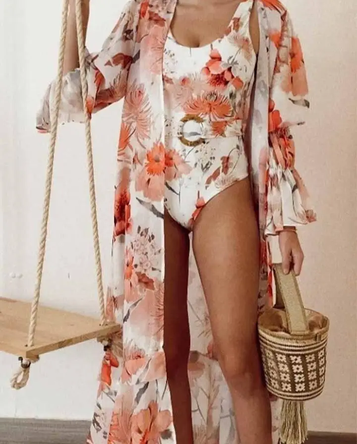 Fashion Ring Print One Piece Swimsuit and Flared Sleeve Chiffon Suit High Waist Slim Bikini Elegant Seamless Patchwork Beachwear