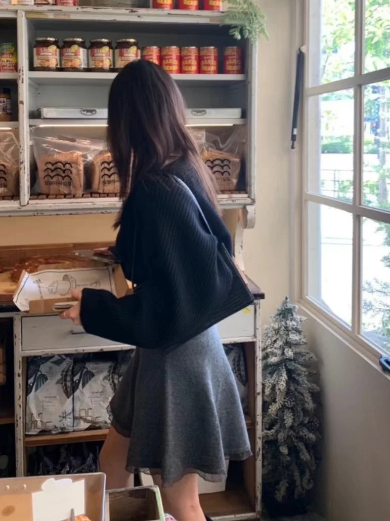 Gonna a trapezio patchwork in pizzo lavorato a maglia a vita alta Gonna da donna che dimagrisce delicata gonna f-lunghezza in maglia Sle Dongda Gate