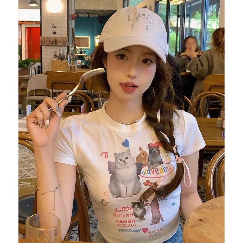 Cute Cat Printed Short Sleeved T-shirt for Women's 2024 Summer Sweet and Spicy Girl Slim Fit Open Navel White Top Female Clothes