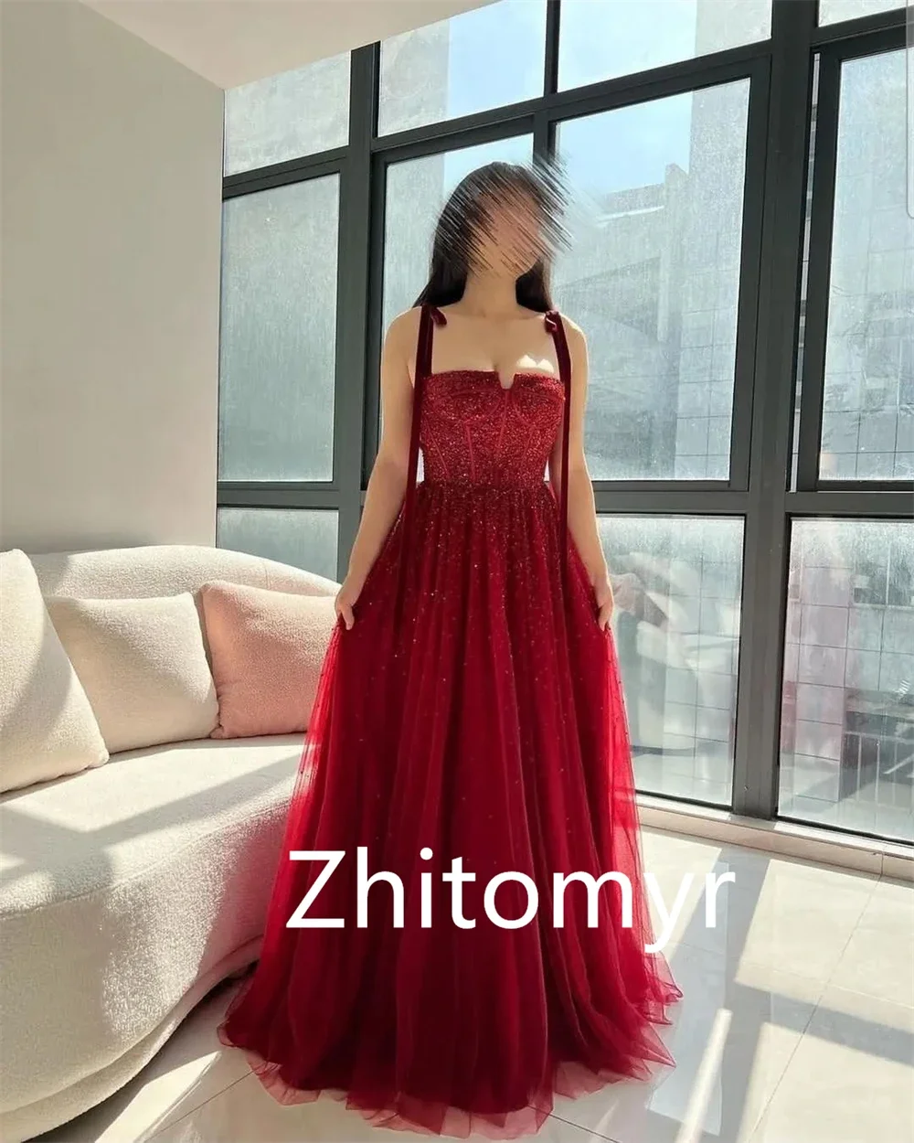 Customized Exquisite Intricate Spaghetti strap A-line Party Dresses Beading Floor length Tassel Organza Evening  formal dress