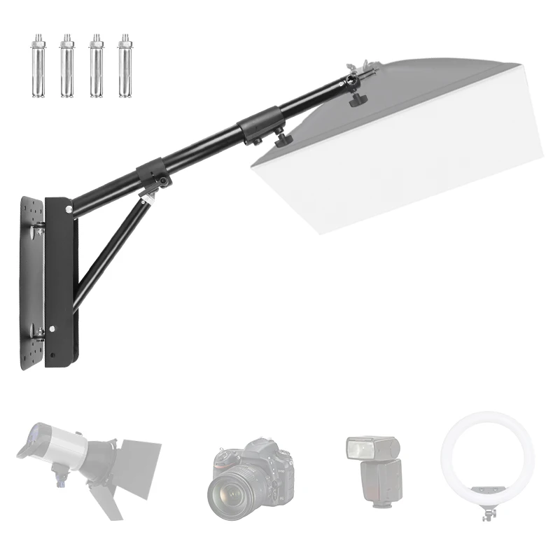 Synzzur 54 "/137Cm Zwarte Muur Mount Driehoekige Boom Arm 180 ° Flexibele Draaibare Lengte Aan Te Passen Voor Ring Licht, Softbox, Beauty Studio