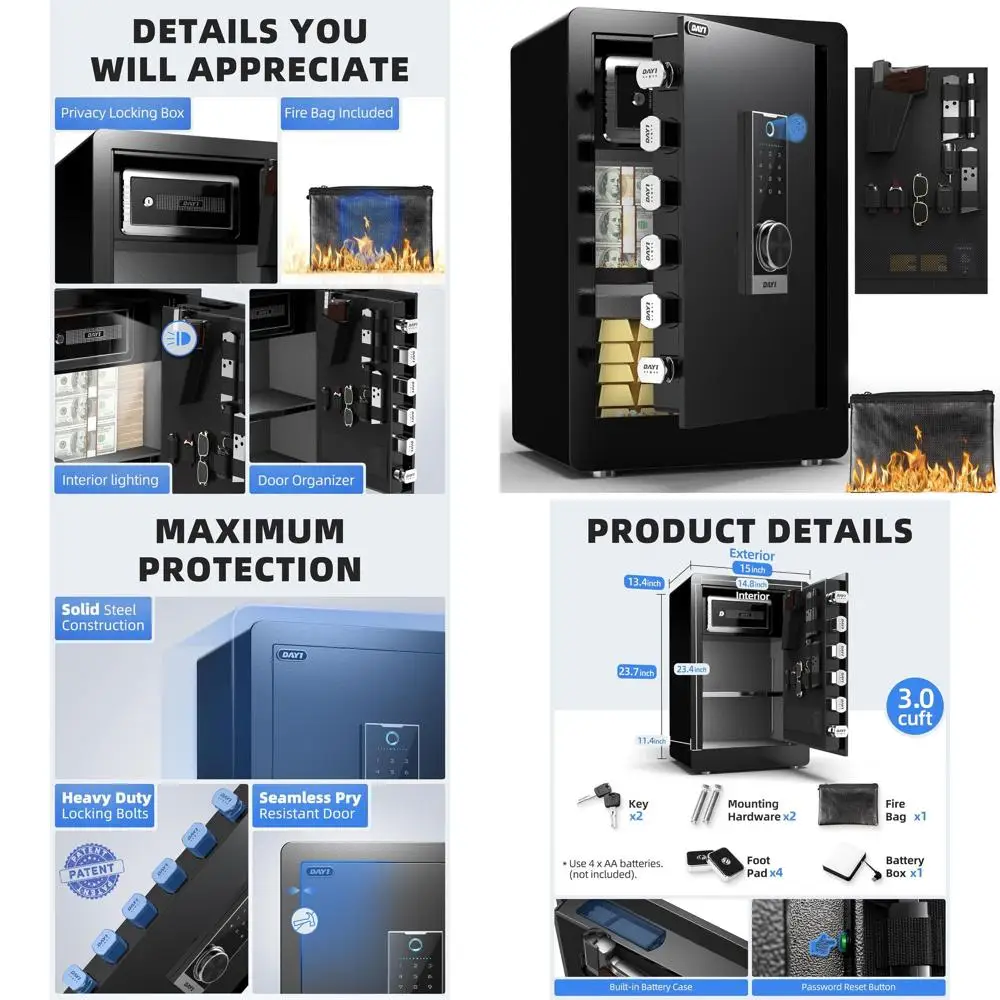 

Биометрический сейф с функцией распознавания отпечатков пальцев, безопасный домашний сейф 3.0 с сумкой для переноски, цифровой сенсорной панелью для хранения денег и документов, двойная сигнализация