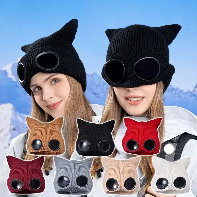 Women Winter Beanie with Goggles Fleece Lined Windproof Cat Ear Knitted Hats Warm Outdoor Snow Thermal Ear Protection Accessory