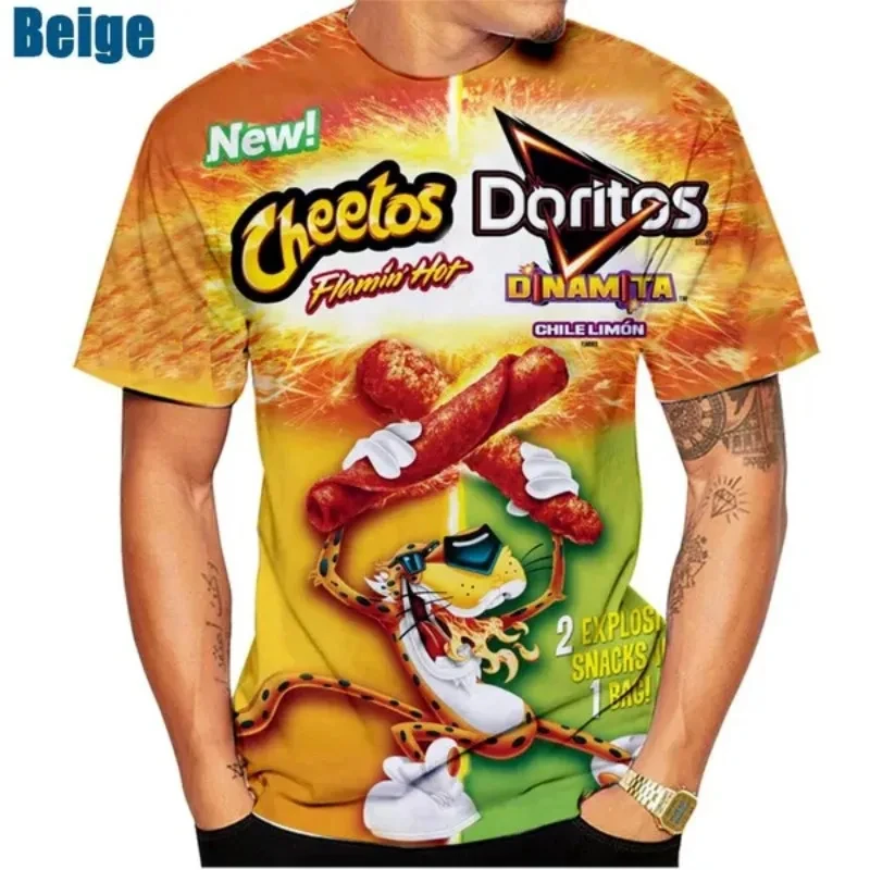 Summer 3D Printed Cheetos Food Print T-Shirt Fashionable Casual Short Sleeve Sportswear Breathable Crewneck Oversized Top