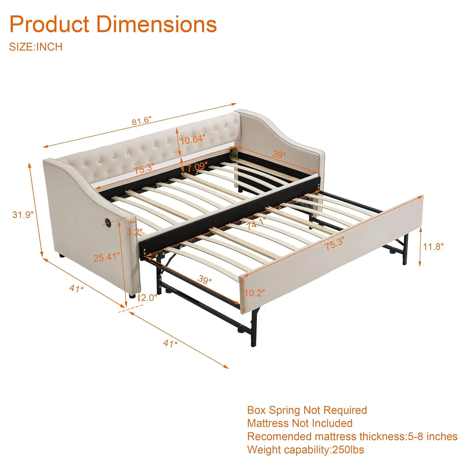 Twin to King Daybed with Trundle, USB Ports Soft Upholstered Daybed with Pop Up Trundle Bed Twin, Modern Extendable, Customized