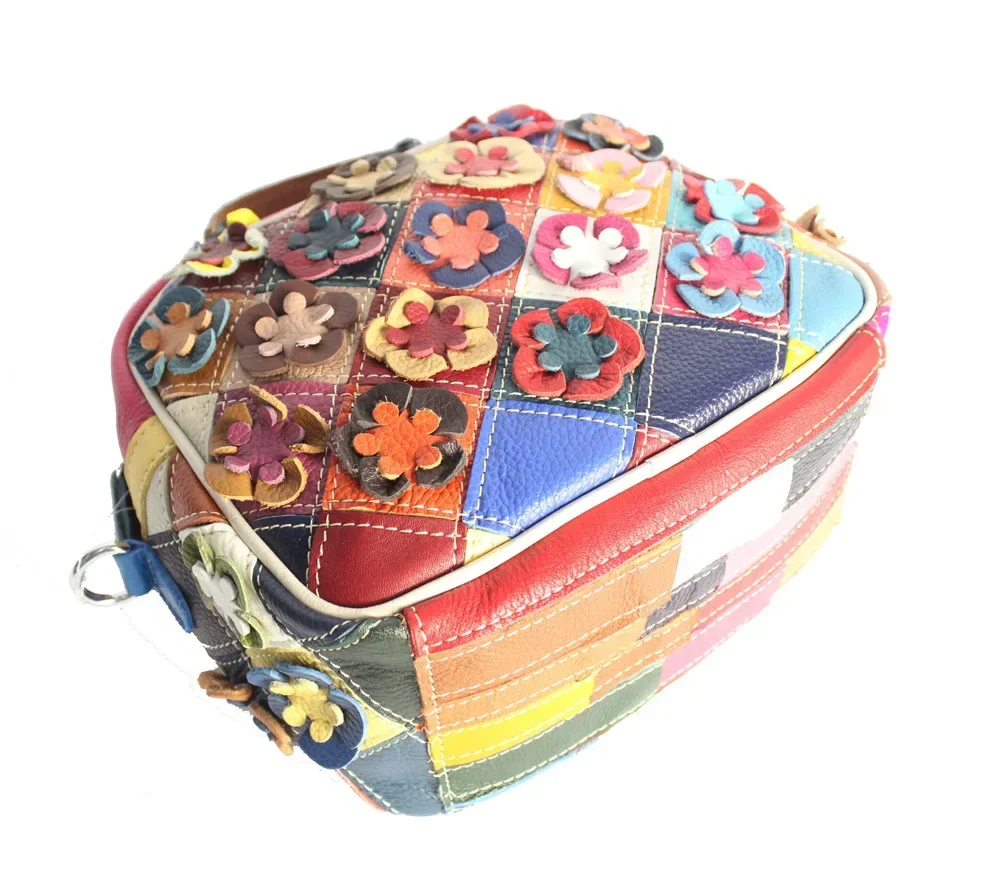 Multi-color Floral Patchwork Handbag 2026 Female Fashion Flower Genuine Leather Big Capacity Messenger Bag for Women Daily Work