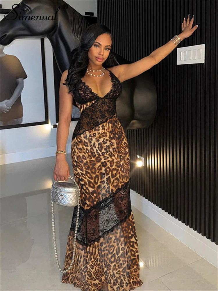 

Simenual Hot Rave Lace Patchwork Leopard Print Straps Long Dress Sexy Women Clubwear Slim Party Gown Y2K Sheer V-neck Dresses