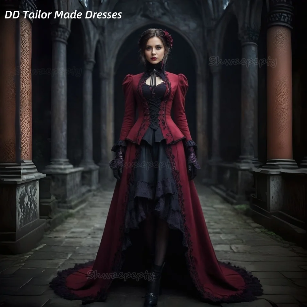 Gaun Prom Victoria Vintage Dua Potong Lengan Panjang Rok Asimetris Burgundy Hitam Kostum Wanita Gotik Dapat Disesuaikan