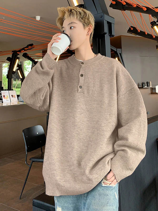 Loose Fit Long Sve Knitted Sweater Henry Collar round Ne Men's Sle Comfortable Casual Wear for Autumn And Winter