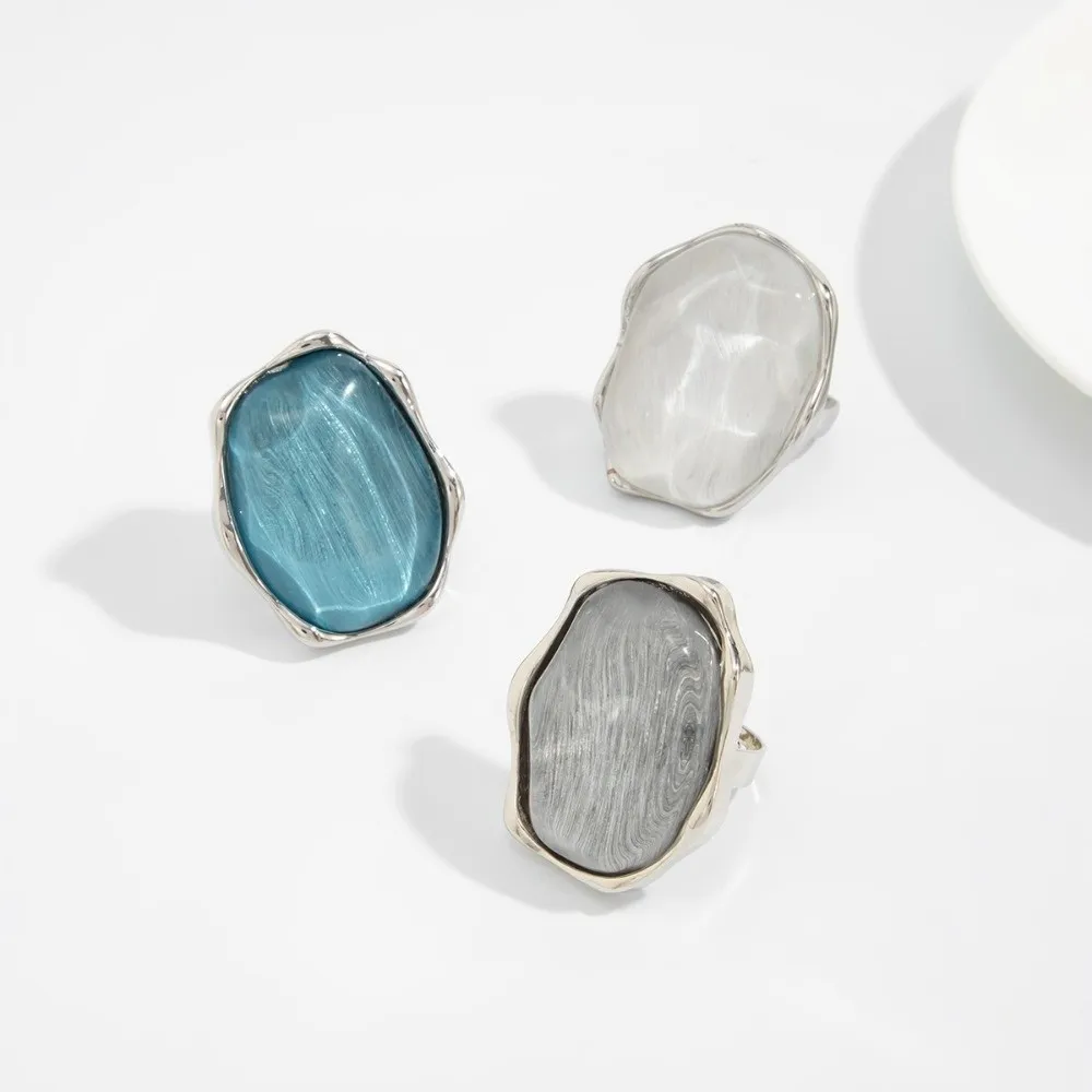Hyperbole Resin Water Ripple Ring Adjustable Vintage Blue Gemstone Resin Ring Irregular Zinc Alloy Cat Eye Ring For Women