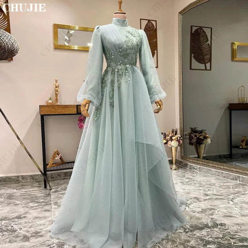 

Customized Saudi Arab Dubai Prom Dress Long Sleeves Woman Evening Dresses High Neck Ruched A Line Appliques Formal Evening Gown