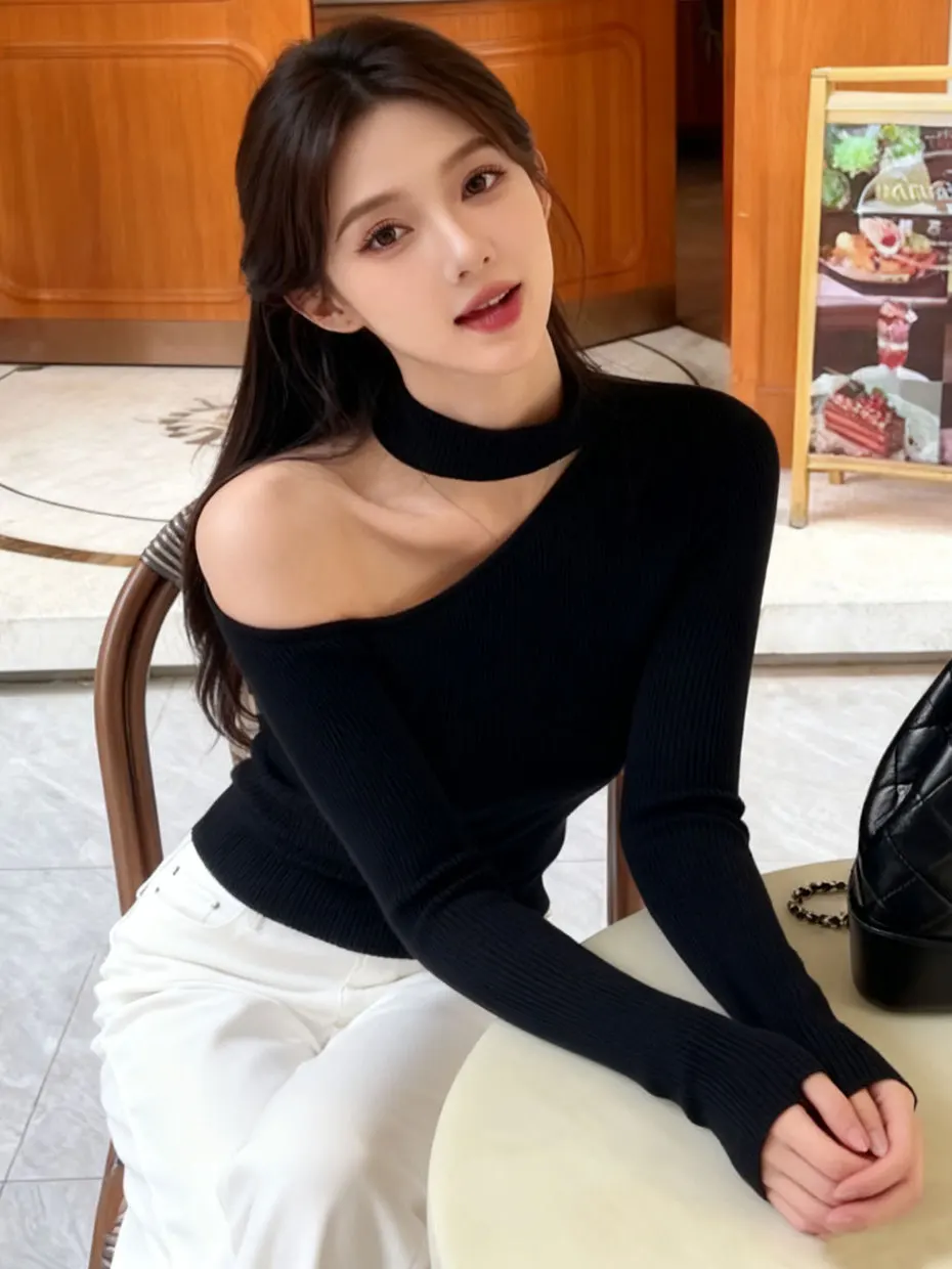 

Sexy Knitted Base Layer Shirt Women's Autumn Winter Hanging Neck Design Slim Fit Long Sleeve Hollow out Fashionable Inner Wear