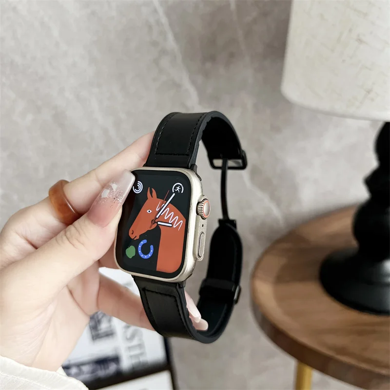 Bandas de silicona + cuero para Apple Watch, pulsera con hebilla magnética de 40mm, 41mm, 42mm, 44mm, 45mm y 49mm, iWatch Ultra SE2 8 7 6 5 4 3