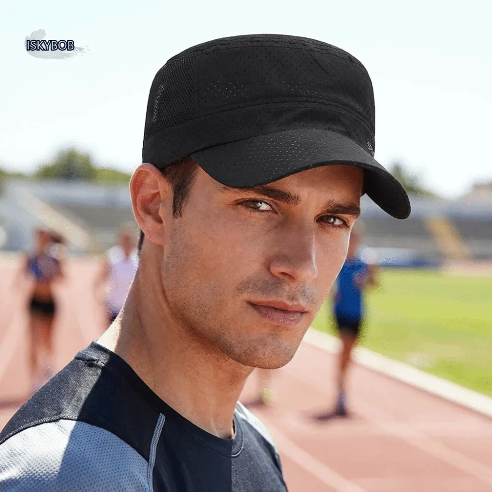 

Vintage Mesh Flat Top Hat Solid Color Adjustable Flat Peaked Cap Lightweight Quick Drying Men’s Sun Hat Hiking