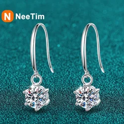 NeeTim 1ct 6.5mm Moissanite Droop Earrings for Women Original Wedding Chrismas Gift S925 Sterling Silver Hoop Earring Wholesale