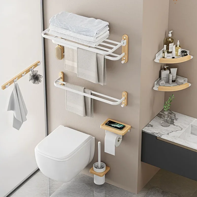 Walnut towel rack no punch bathroom shelf toilet bathroom wall mounted washroom storage bath towel holder，Wood bath Towel holder