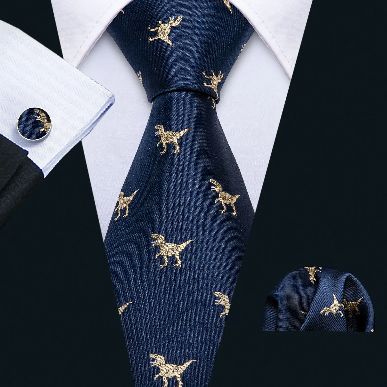 Fashion Blue Dinosaur Men Silk Tie With Pocket Square Cufflink Set Novelty Animal Pattern Suit Necktie Party Business Barry.Wang