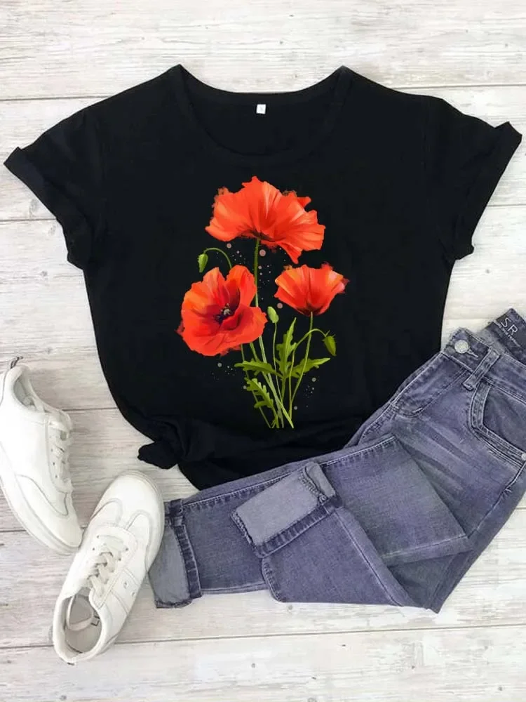 New Butterfly Poppy Women Tshirt Cartoon Graphic Printed Ladies T Shirt Fashion Women Shirts Summer Tops Female T Shirt