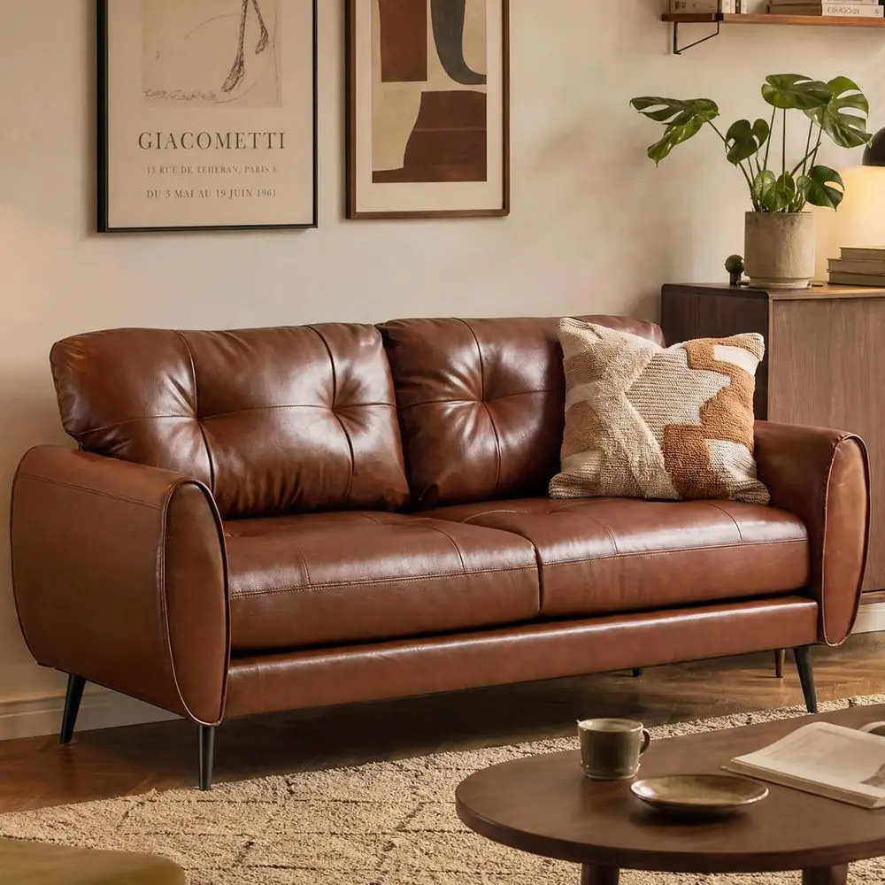 

61 Small Loveseat Couch, Chestnut Brown Leather, Ideal for Living Rooms and Small Spaces