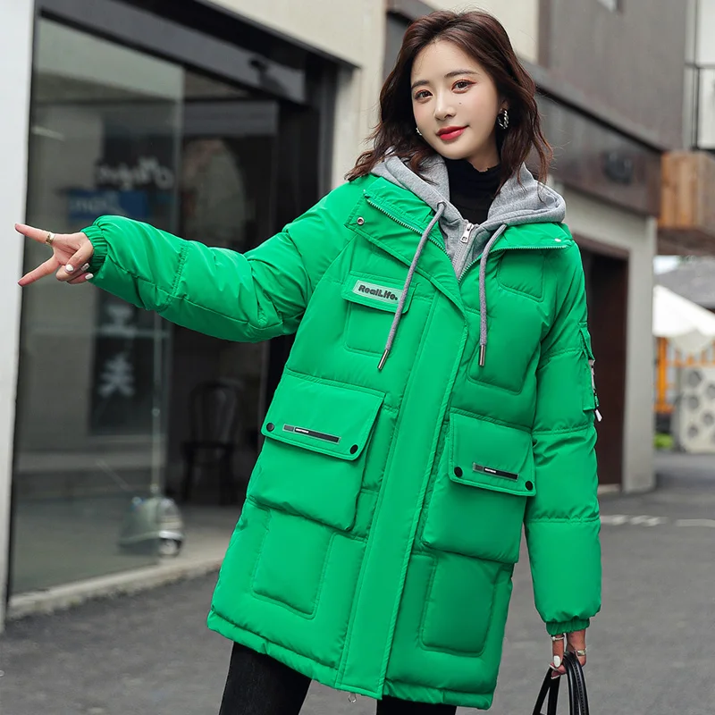 Women\'s Fashion Klein Blue Jacket 2022 Winter Down Cotton Warm Hooded Coat Solid Color Loose Thicken Warm Female Parka Coat