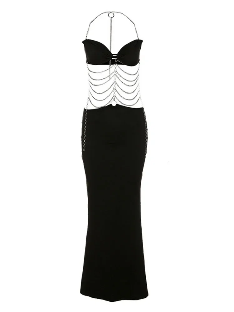 Women Sexy Dress Metal Chain Hanging Neck Wrapped Hollow Backless Breast Wrap Black Evening Party Dress Robe For New Year