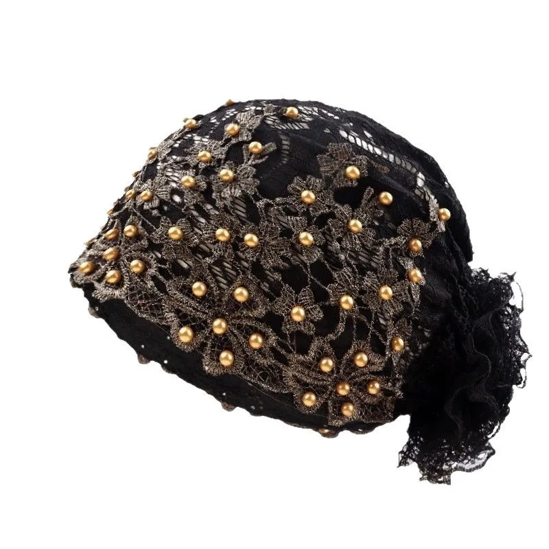 Flower Turban Lace Beaded Headscarf Underscarf Embroidery Head Wrap Women Chemo Cap Muslim Inner Hijab Hat Beanies Bonnet 2025