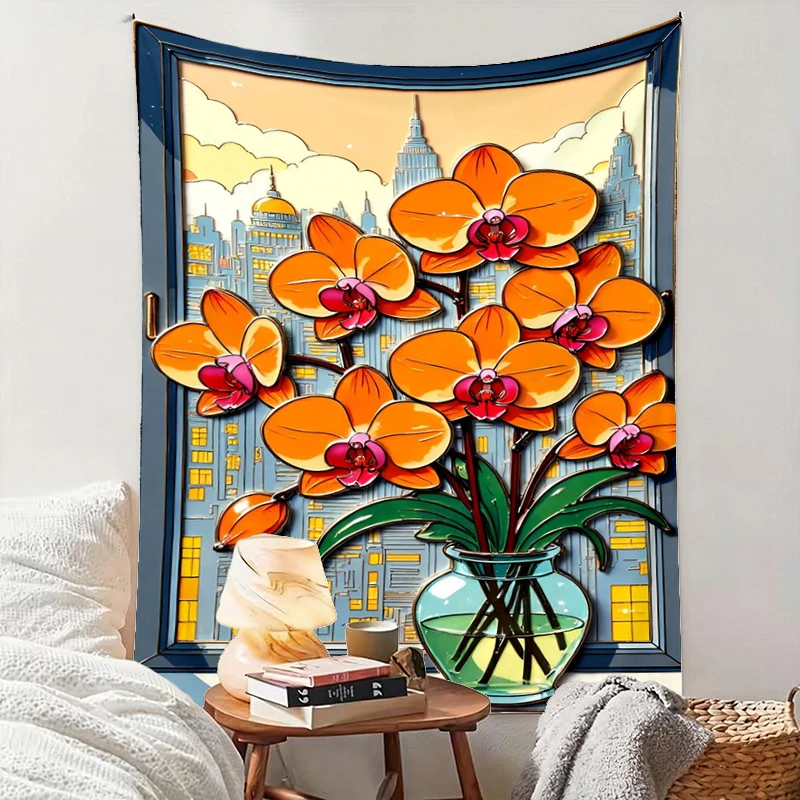 1PC Orange Orchid Vase Art Print Backdrop Banner, Bedroom Living Room Photo Background, Polyester, Home Decor, Wall Art