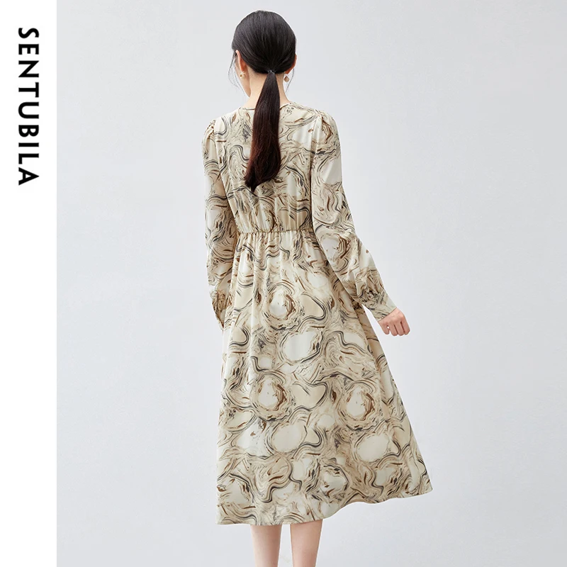 SENTUBILA A-line Lace Up Print Dress for Women 2024 Fall Elegant Shirring V Neck Long Dress Puff Sleeve Holiday Dress 143L56534