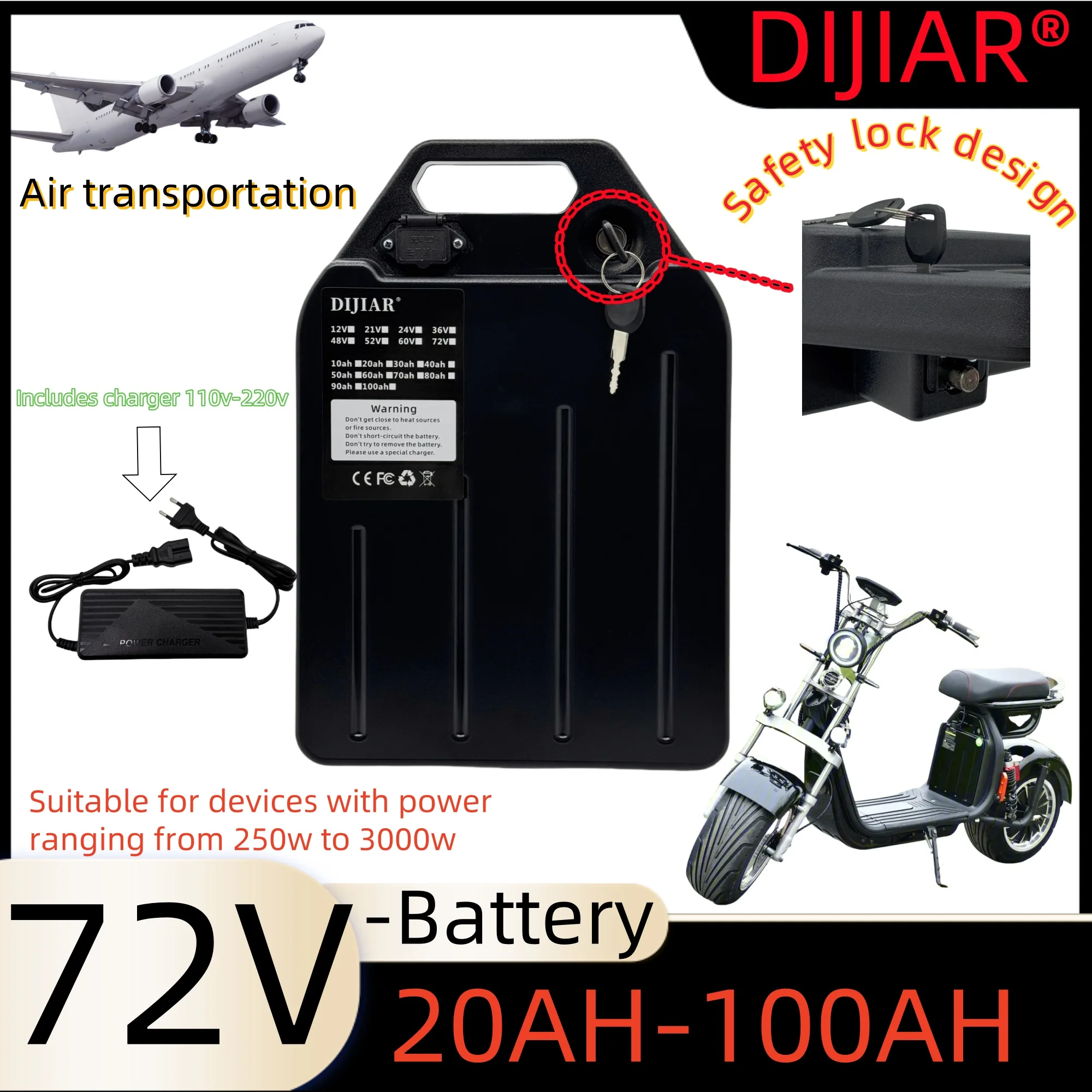 

DIJIAR air transportation, 24-hour delivery, 72V 20AH-100AH, built-in 40AHBMS application 500W~3000W Harley electric scooter