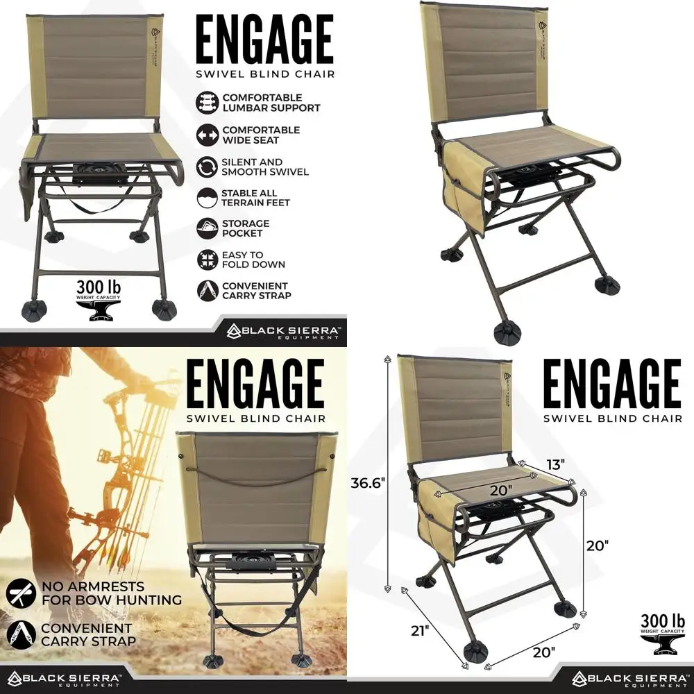 

Black Sierra Silent 360° Swivel Hunting Chair with Steel Frame, Supports 300 LBS, Portable Luxury Armless Hunt Seat, Heavy Duty