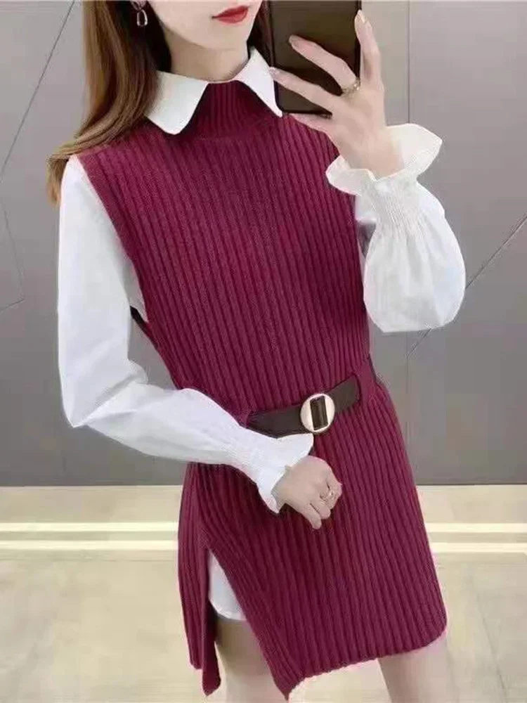 2024 New Autumn Fashion Chic Lace Up Waist Closing Knitting Vests + Lapel White Casual Long Sleeve Shirts Female SM1747