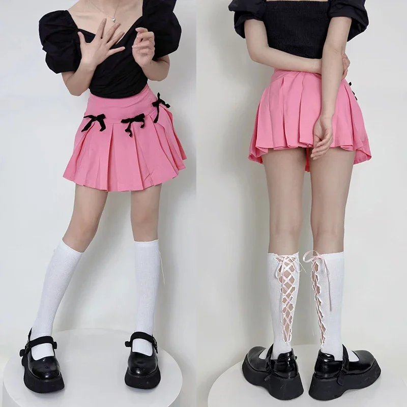 Jk Lace-up Calf Sock Straps calzini al ginocchio cotone Y2k Lolita Girl Straps calzini Sexy a tubo centrale calzini coreani Harajuku dolci giapponesi