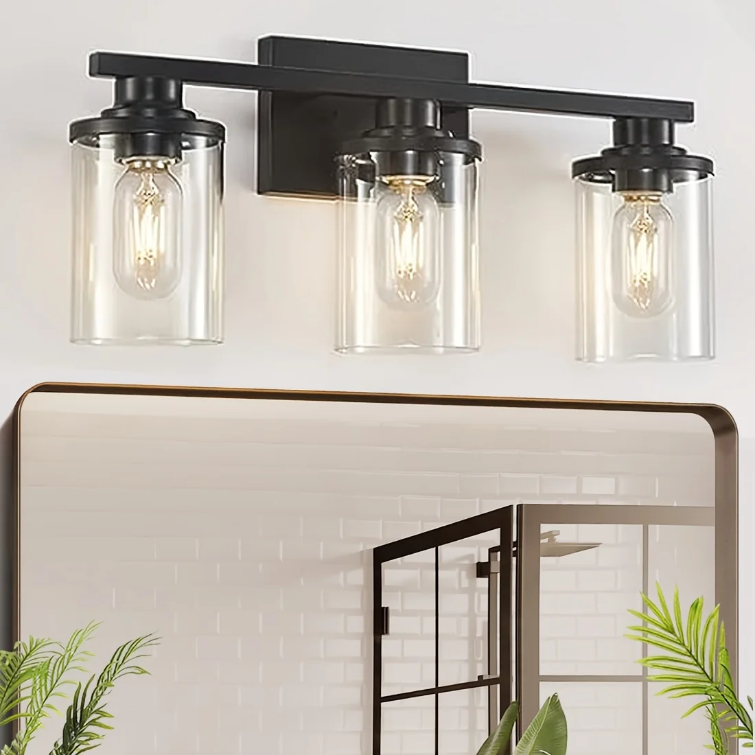 

3 Light Black Bathroom Vanity Light Fixtures Over Mirror, Modern Brass Wall Sconce with Glass Ball Shade, Mid Century Farmhouse Vanity Lighting Imitation Wood Grain Metal