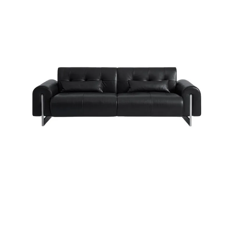 Sofa leather living room first layer cowhide French retro medieval black straight row three people