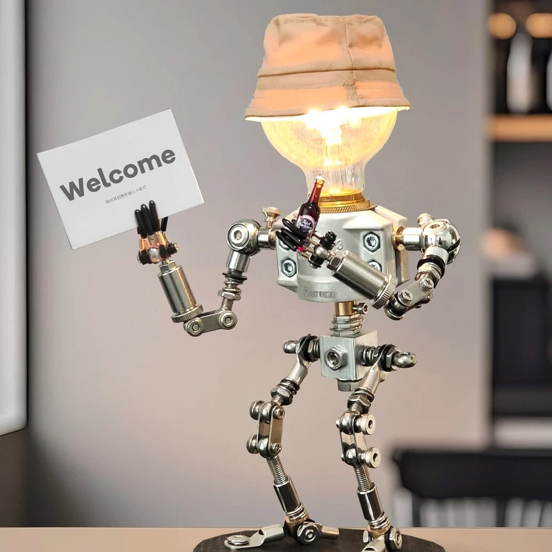 

Moden Creative Wrought Iron Robot Table Lamps Knob Switch American Living Room Bedroom Restaurant Office Wooden Base Desk Lights