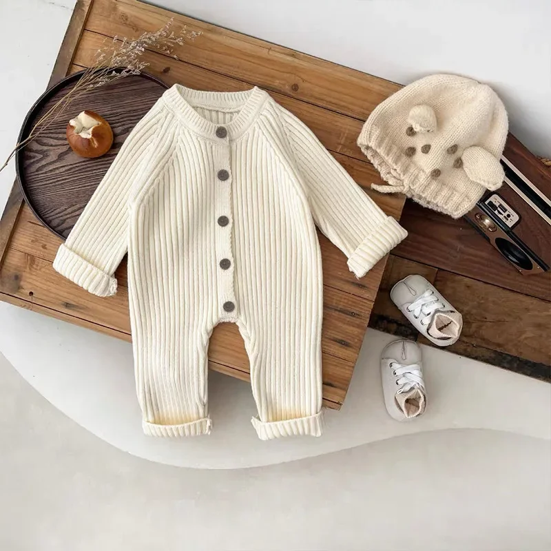 Baby Clothes Girl Boy Solid Color Knitted Romper 0-18M Baby Newborn Items Button Front Ribbed Long Sleeve Casual Autumn Jumpsuit