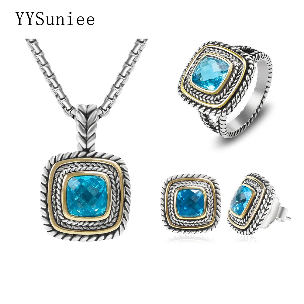 YYSuniee 7mm Cubic Zirconia Women's Jewelry Set 18k Gold-Plated Two-Color Wheat Thread Earrings Pendant Ring Set Birthday Gift