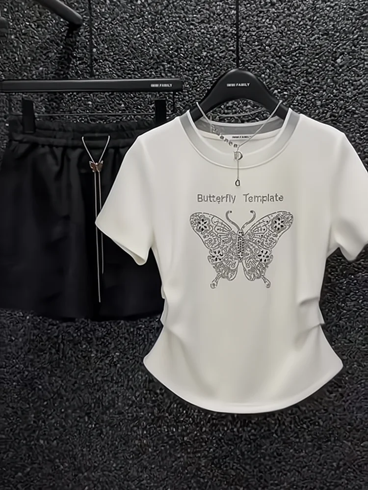 

Женская футболка с коротким рукавом, приталенная, плиссированная, летняя, новая, модная, в корейском стиле, с круглым вырезом