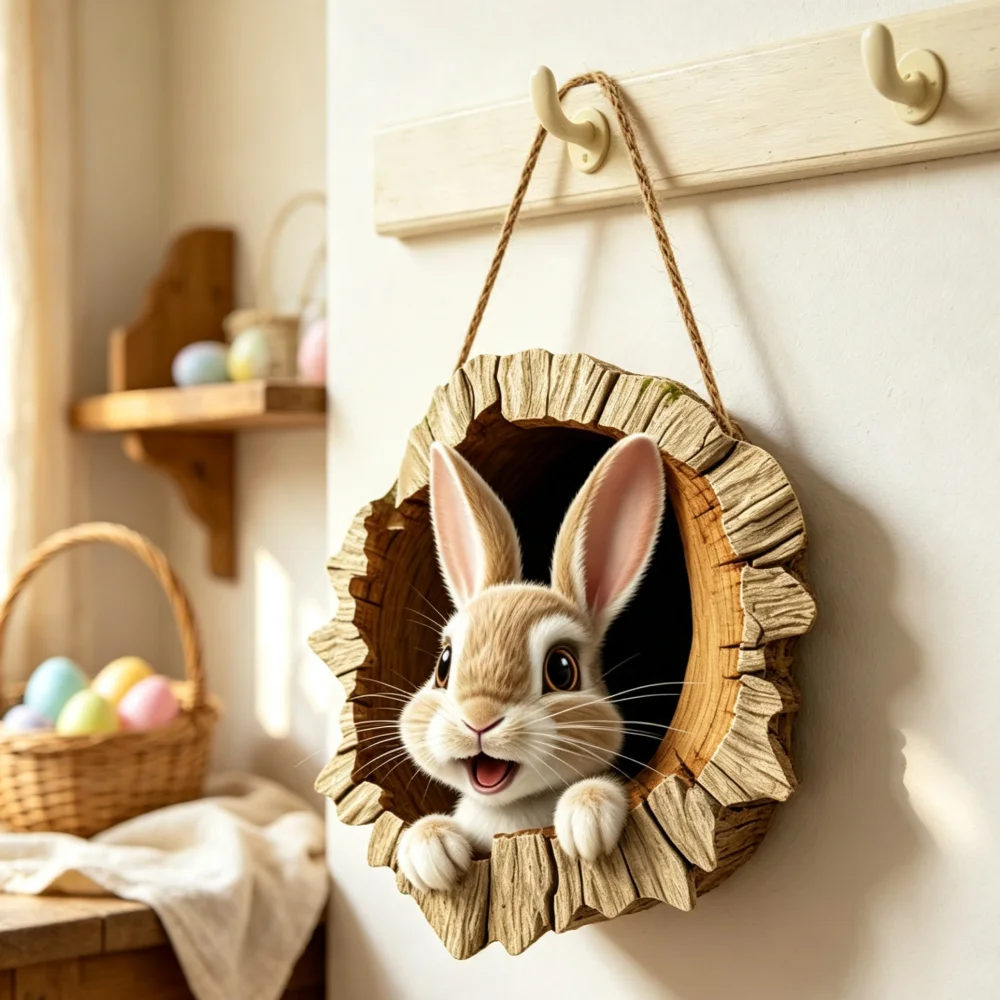 Vintage Easter Tree Cavity Bunny Wooden Wall Hanging, Rabbit Face Printed Wood Plaque, Poplar Plywood Door Decor, 5mm Thick