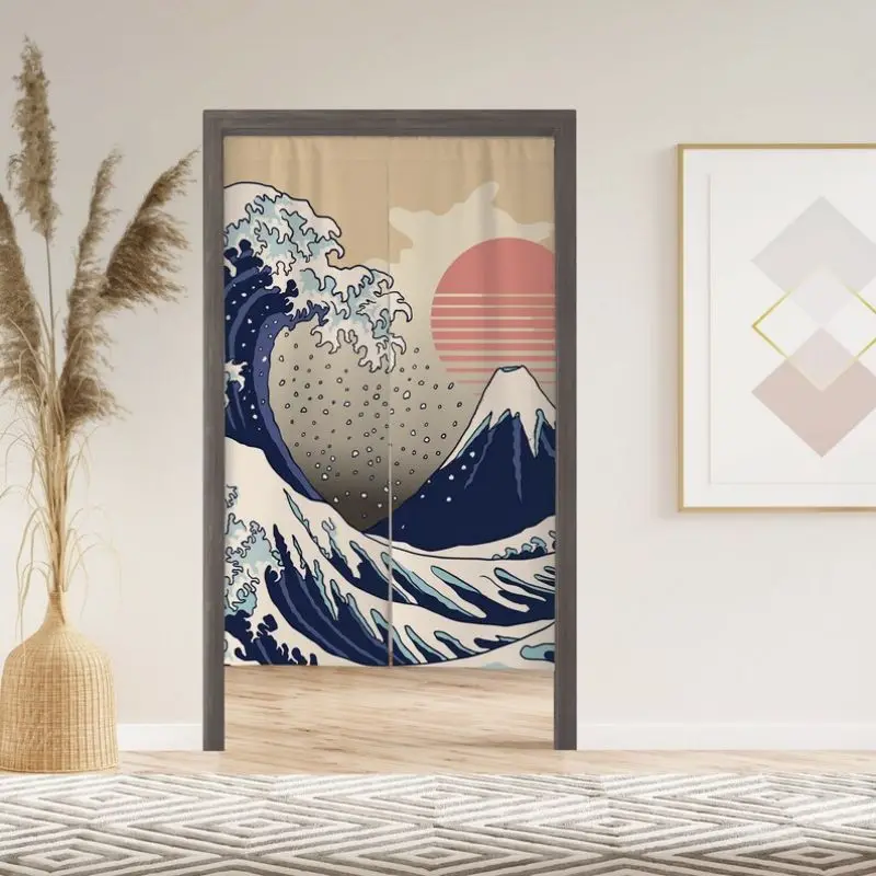 VIKAMA Japanese Ukiyo-e Noren Curtain, Great Wave Mount Fuji Door Curtain For Kitchen Living Room Home Decor
