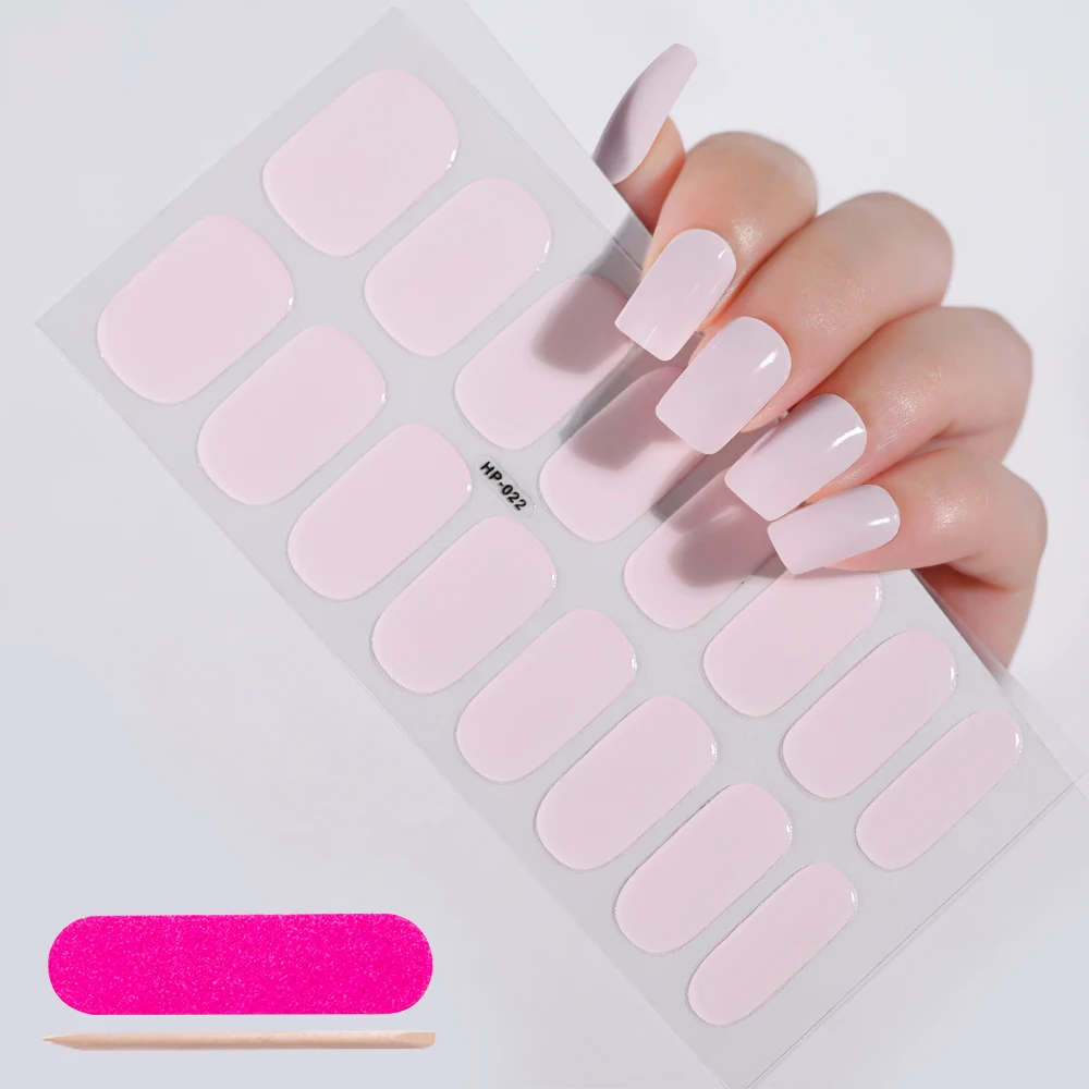 16Tips Soild Color Nude Pink Semi-Cured Gel Nail Sticker Long-Lasting UV Nail Sticker Full Cover UV/LED Extension Gel Nail Foil