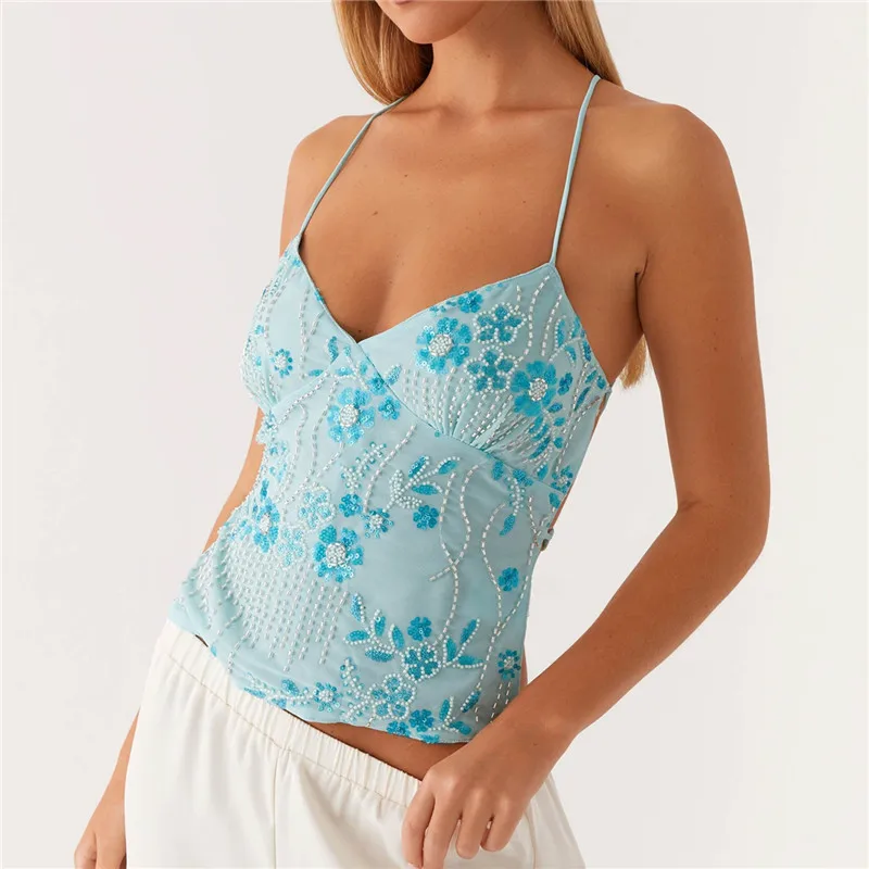 Tops cortos con lentejuelas y cuello halter para mujer Y2k con adornos de perlas, camisola de verano con purpurina y cuello en V, camisola con diamantes de imitación