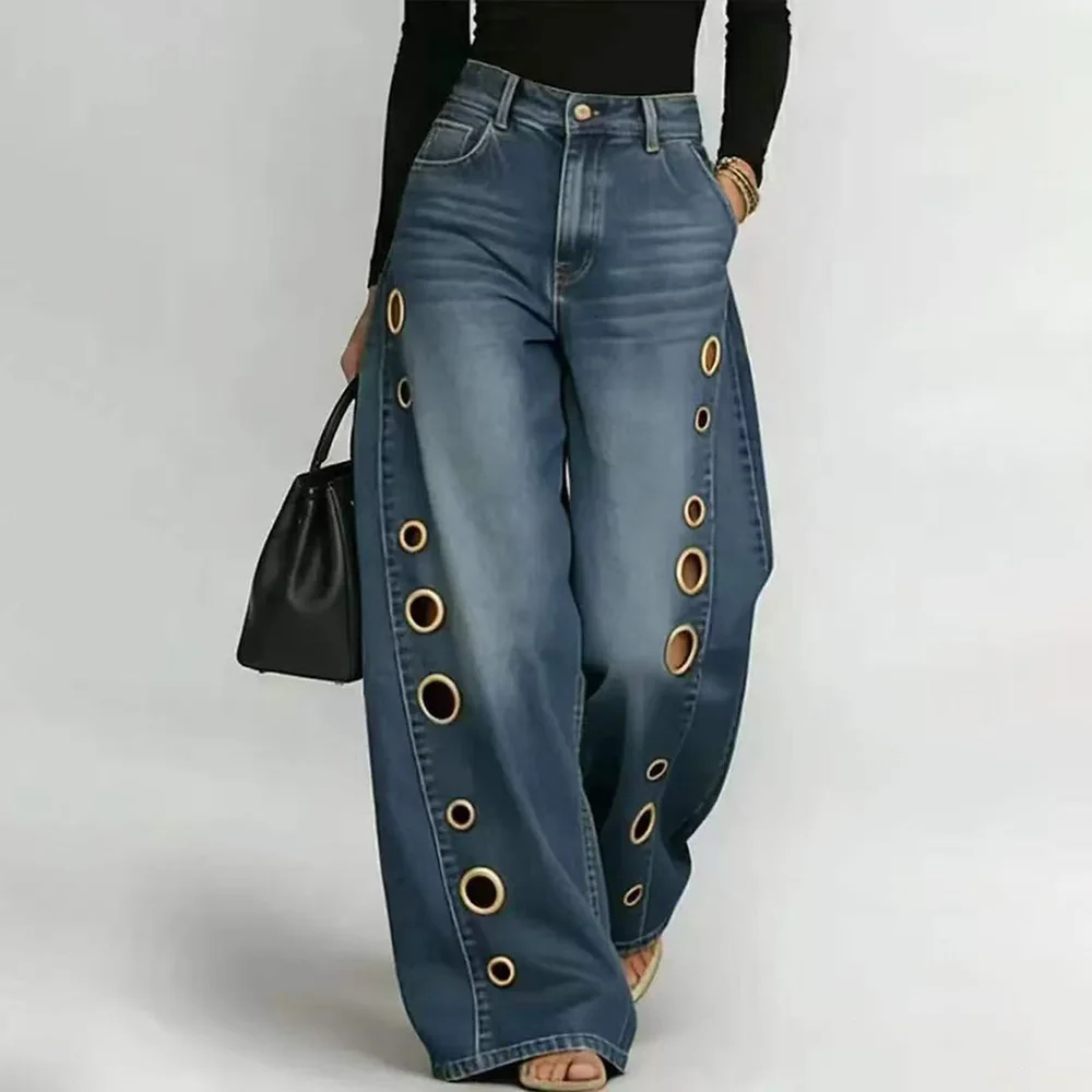 

Women Washed Blue High-Waist Metal Grommet Wide Leg Jeans 2026 New Casual Loose Fit Streetwear Denim Pants Casual Trousers ﻿ ﻿ ﻿