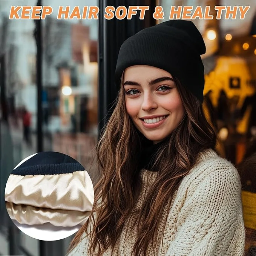 Unisex Satin Lined Knit Beanie Hat Acrylic Winter Cap Soft Silky Warm Slouchy Cuffed Bonnet for Men Women Youth Boys Girls
