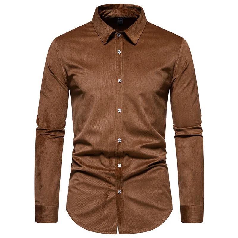 Mens Brown Corduroy Shirts 2023 Autumn New Long Sleeve Solid Casual Overshirt High Quality Button Down Daily Leisure Shirt Homme