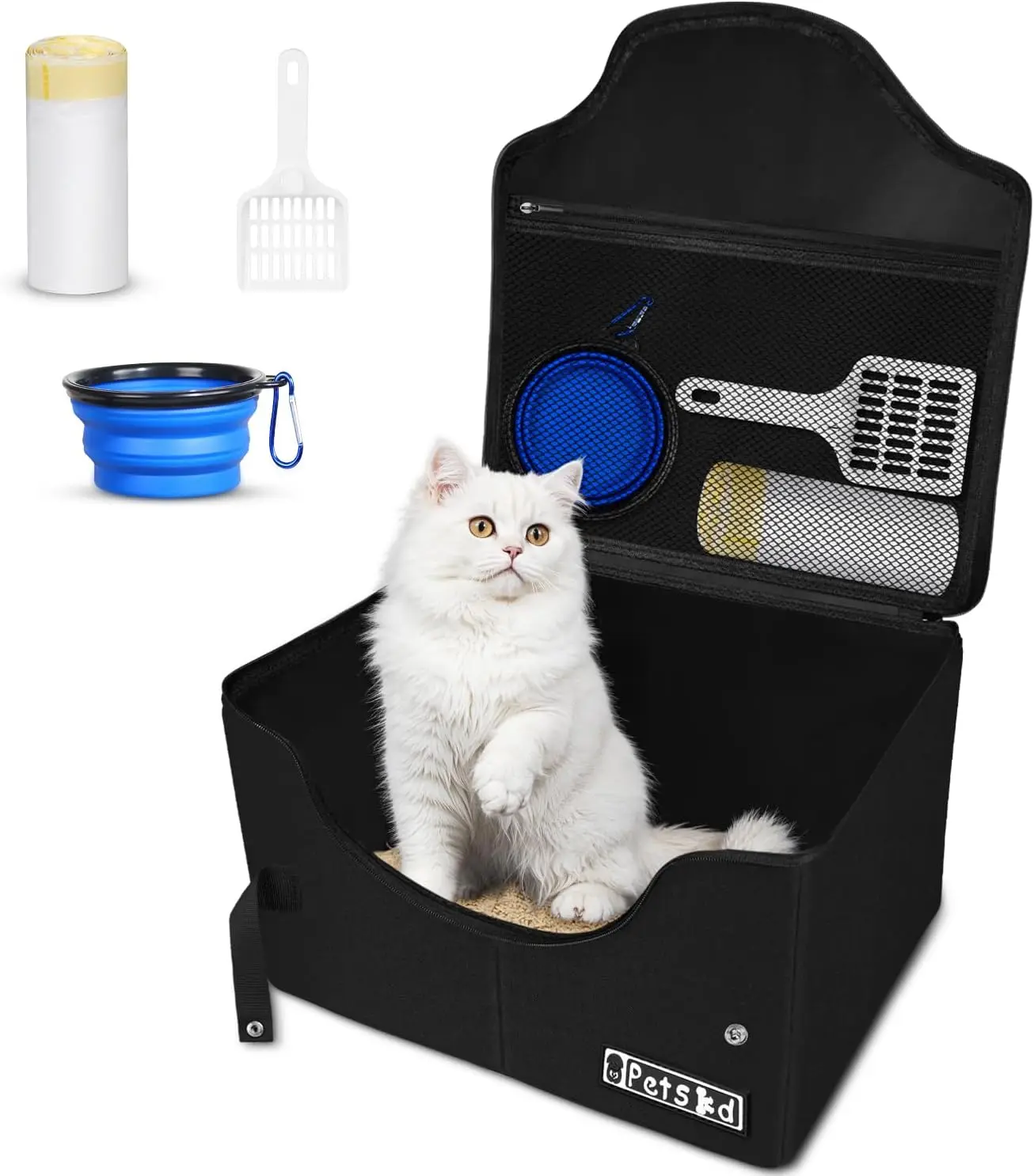

Portable Travel Litter Box for Cats with Lid and 10 pcs Liner Bags, Light Weight, Leak-Proof and Higher Sides for Road