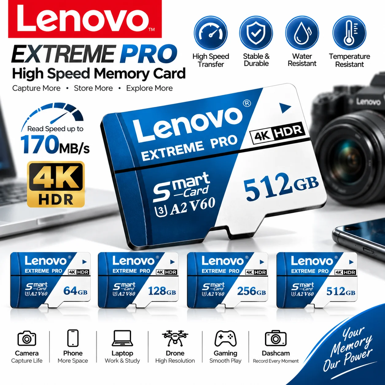 بطاقة ذاكرة لينوفو الأصلية 128 جيجابايت مايكرو إس دي UHS-I A1 V60 512 جيجابايت TF للكاميرا والهاتف الذكي والطائرة بدون طيار وتسجيل الفيديو بدقة 4K